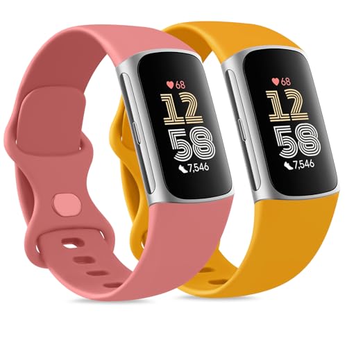 Tobfit 2Stück für Fitbit Charge 5 Armband/Fitbit Charge 6 Armband für Damen Herren,Silikon Sport Weiches Ersatzarmbänder für Fitbit Charge 6/Charge 5(L,Kurkuma/Korallrot) von Tobfit