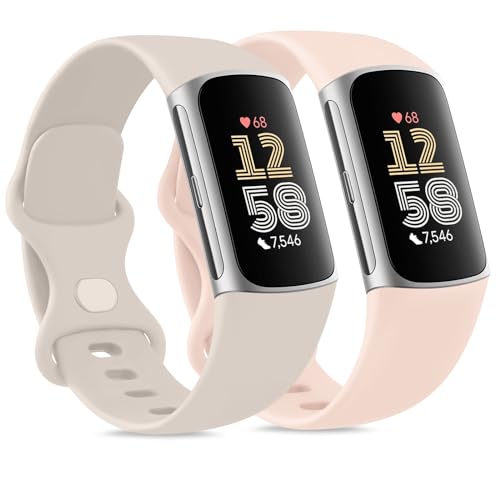 Tobfit 2Stück für Fitbit Charge 5 Armband/Fitbit Charge 6 Armband für Damen Herren,Silikon Sport Weiches Ersatzarmbänder für Fitbit Charge 6/Charge 5(L,Starlight/Rosa) von Tobfit