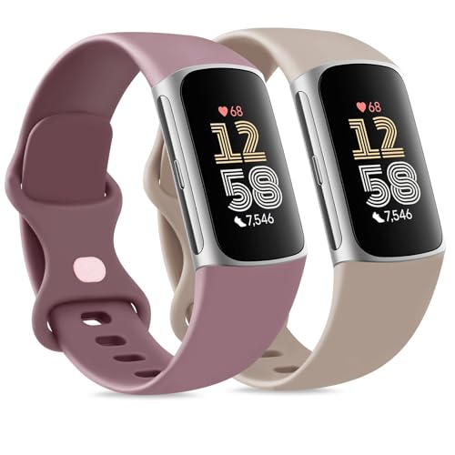 Tobfit 2Stück für Fitbit Charge 5 Armband/Fitbit Charge 6 Armband für Damen Herren,Silikon Sport Weiches Ersatzarmbänder für Fitbit Charge 6/Charge 5(L,Violett/Milchtee) von Tobfit