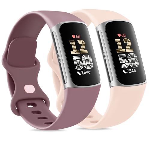Tobfit 2Stück für Fitbit Charge 5 Armband/Fitbit Charge 6 Armband für Damen Herren,Silikon Sport Weiches Ersatzarmbänder für Fitbit Charge 6/Charge 5(L,Violett/Rosa) von Tobfit