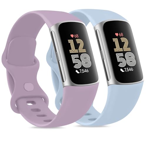 Tobfit 2Stück für Fitbit Charge 5 Armband/Fitbit Charge 6 Armband für Damen Herren,Silikon Sport Weiches Ersatzarmbänder für Fitbit Charge 6/Charge 5(S,Hellblau/Hellviolett) von Tobfit