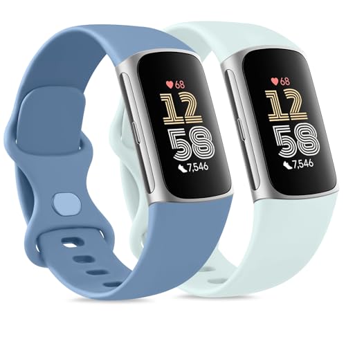 Tobfit 2Stück für Fitbit Charge 5 Armband/Fitbit Charge 6 Armband für Damen Herren,Silikon Sport Weiches Ersatzarmbänder für Fitbit Charge 6/Charge 5(S,SeniorBlau/Hellgrün) von Tobfit