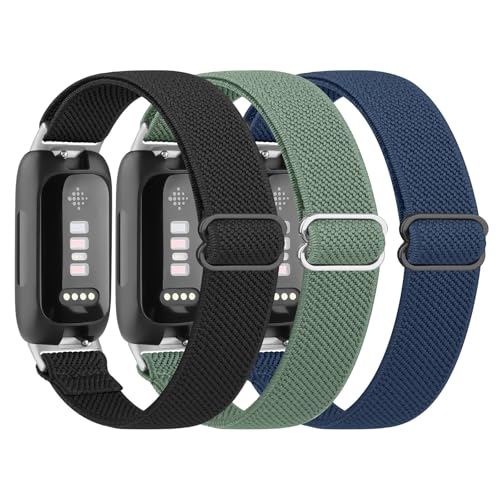 Tobfit 3 Stück Armband für Fitbit Inspire 3 Armband Herren Damen,Nylon Elastisch Verstellbares Elastische Uhrenarmband für Fitbit Inspire 3 Armband(Schwarz/Blau/Grün) von Tobfit