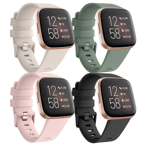 Tobfit 4Stück für Fitbit Versa Armband Damen Herren,Silikon Weiches Sport Ersatzarmbänder für Fitbit Versa 2 Armband/Versa/Versa Lite/SE Armband(L,Schwarz/Starlight/Rosa/Avocadogrün) von Tobfit