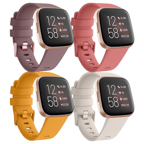 Tobfit 4Stück für Fitbit Versa Armband Damen Herren,Silikon Weiches Sport Ersatzarmbänder für Fitbit Versa 2 Armband/Versa/Versa Lite/SE Armband(L,Violett/Korallrot/Kurkuma/Starlight) von Tobfit