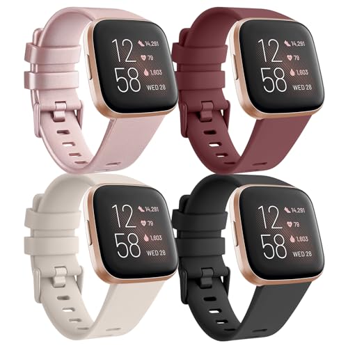 Tobfit 4Stück für Fitbit Versa Armband Damen Herren,Silikon Weiches Sport Ersatzarmbänder für Fitbit Versa 2 Armband/Versa/Versa Lite/SE Armband(S,Rotwein/Roségold/Starlight/Schwarz) von Tobfit