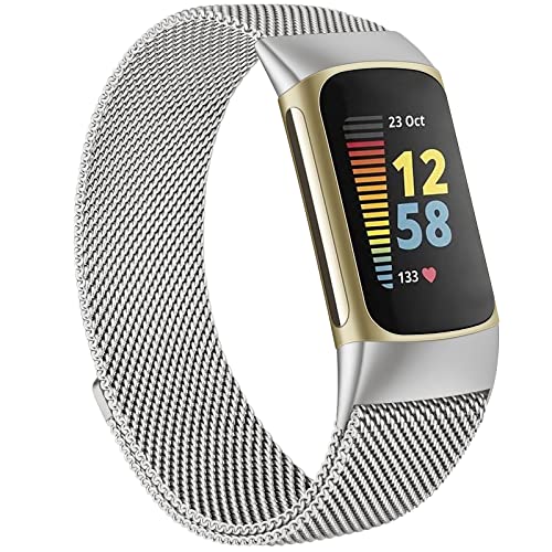 Tobfit Armband für Fitbit Charge 5 Armband für Herren Damen,Edelstahl Metall Magnetisches Mesh Ersatzbänder für Fitbit Charge 5(Silber) von Tobfit