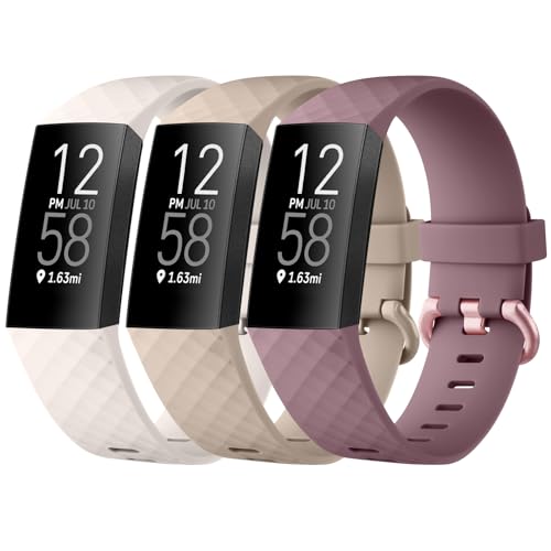 Tobfit für Fitbit Charge 4 Armband Fitbit Charge 3 Armband Damen Herren,Silikon Sport Weiches Verstellbare 3Stück Ersatzarmbänder für Fitbit Charge 4 SE/Charge 3 SE(S,Starlight/Milchtee/Violett) von Tobfit