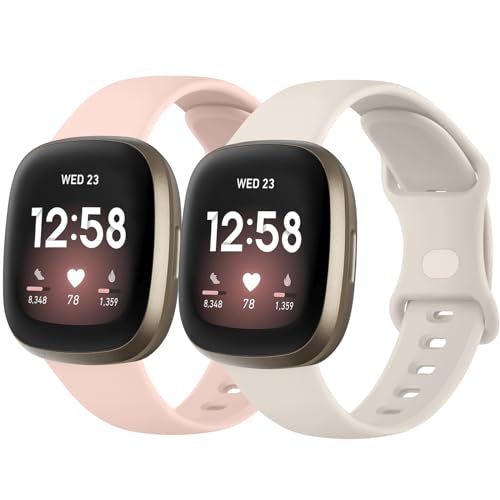 Tobfit für Fitbit Versa 3 Armband/Fitbit Versa 4 Armband für Damen Herren,Silikon Sport Weiches 2Stück Ersatzarmbänder für Fitbit Versa 4/Fitbit Sense 2/Sense/Versa 3(L,Starlight/Rosa) von Tobfit