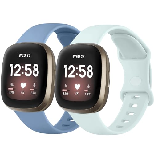 Tobfit für Fitbit Versa 3 Armband/Fitbit Versa 4 Armband für Damen Herren,Silikon Sport Weiches 2Stück Ersatzarmbänder für Fitbit Versa 4/Fitbit Sense 2/Sense/Versa 3(S,SeniorBlau/Hellgrün) von Tobfit