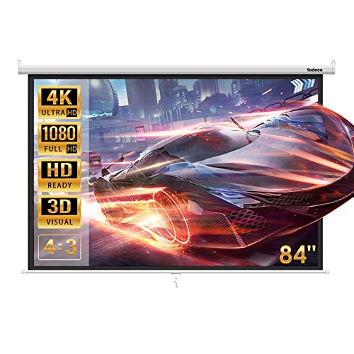 Todeco Leinwand, Hängeleinwand 84 Zoll 128 x 170 cm, Format 4:3, Heimkino mit 4K Full HD 3D, manuelle Rolloleinwand für Heimkino und Präsentation von Todeco