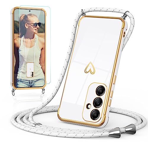 Togestar Handykette Hülle für Samsung Galaxy A13 5G/A04s/M13 5G Handyhülle mit Band und Schutzfolie, Kameraschutz Herz Love Design Schutzhülle Silikon TPU mit Kordel zum Umhängen, weiß von Togestar