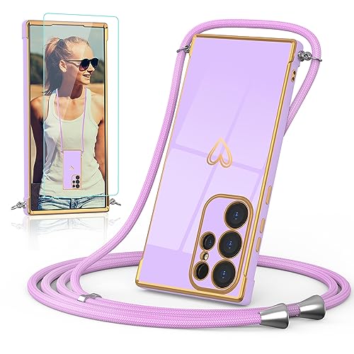 Togestar Handykette Hülle für Samsung Galaxy S23 Ultra Handyhülle mit Band und Schutzfolie, Kameraschutz Herz Love Design 360 Grad Stoßfeste Schutzhülle Silikon TPU mit Kordel zum Umhängen, Lila Togestar Handykette Hülle für Samsung Galaxy S23 Ultra Handyhülle mit Band und Schutzfolie, Kameraschutz Herz Love Design 360 Grad Stoßfeste Schutzhülle Silikon TPU mit Kordel zum Umhängen, Lila von Togestar