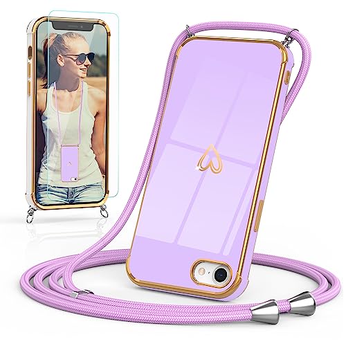Togestar Handykette Hülle für iPhone 7/8/SE 2020/SE 2022 Handyhülle mit Band und Schutzfolie, Kameraschutz Herz Love Design 360 Grad Stoßfeste Schutzhülle Silikon TPU mit Kordel zum Umhängen, Lila Togestar Handykette Hülle für iPhone 7/8/SE 2020/SE 2022 Handyhülle mit Band und Schutzfolie, Kameraschutz Herz Love Design 360 Grad Stoßfeste Schutzhülle Silikon TPU mit Kordel zum Umhängen, Lila von Togestar