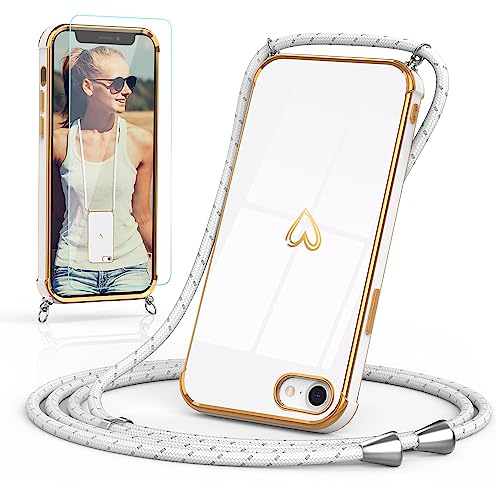 Togestar Handykette Hülle für iPhone 7/8/SE 2020/SE 2022 Handyhülle mit Band und Schutzfolie, Kameraschutz Herz Love Design 360 Grad Stoßfeste Schutzhülle Silikon TPU mit Kordel zum Umhängen, weiß von Togestar