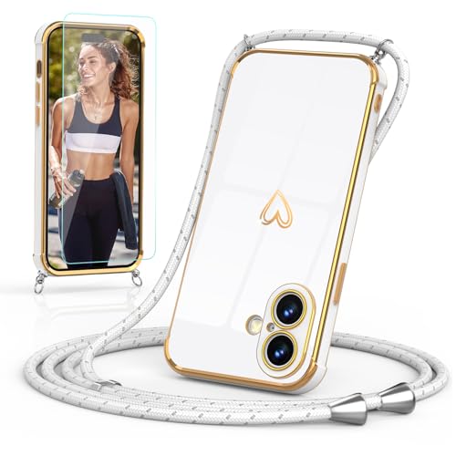 Togestar Handykette Hülle für iPhone 16 Plus Handyhülle mit Band und Schutzfolie, Kameraschutz Herz Love Design 360 Grad Stoßfeste Schutzhülle Silikon TPU mit Kordel zum Umhängen, weiß Togestar Handykette Hülle für iPhone 16 Plus Handyhülle mit Band und Schutzfolie, Kameraschutz Herz Love Design 360 Grad Stoßfeste Schutzhülle Silikon TPU mit Kordel zum Umhängen, weiß von Togestar