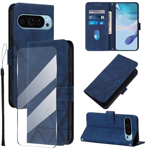 Togestar für Google Pixel 9Pro XL Hülle Leder Klapphülle, [Panzerfolie] [Handschlaufe] [Magnetverschluss], Handyülle mit Standfunktion Kartenfächer TPU Schutzhülle für Google Pixel 9Pro XL, Königsblau von Togestar