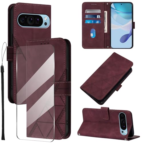 Togestar für Google Pixel 9Pro XL Hülle Leder Klapphülle, [Panzerfolie] [Handschlaufe] [Magnetverschluss], Handyülle mit Standfunktion Kartenfächer TPU Schutzhülle für Google Pixel 9Pro XL, Burgund von Togestar