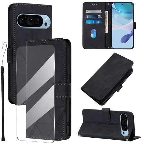 Togestar für Google Pixel 9Pro XL Hülle Leder Klapphülle, [Panzerfolie] [Handschlaufe] [Magnetverschluss], Handyülle mit Standfunktion Kartenfächer TPU Schutzhülle für Google Pixel 9Pro XL, Schwarz von Togestar
