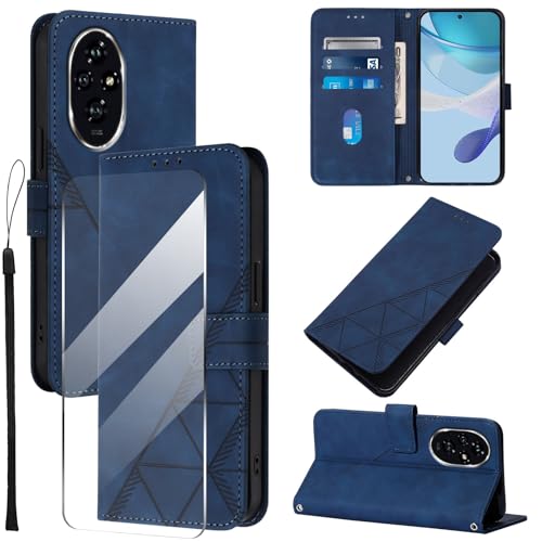 Togestar für Honor 200 Hülle Leder Klapphülle, [Panzerfolie] [Handschlaufe] [Magnetverschluss], Handyülle mit Standfunktion Kartenfächer TPU Schutzhülle für Honor 200, Königsblau von Togestar