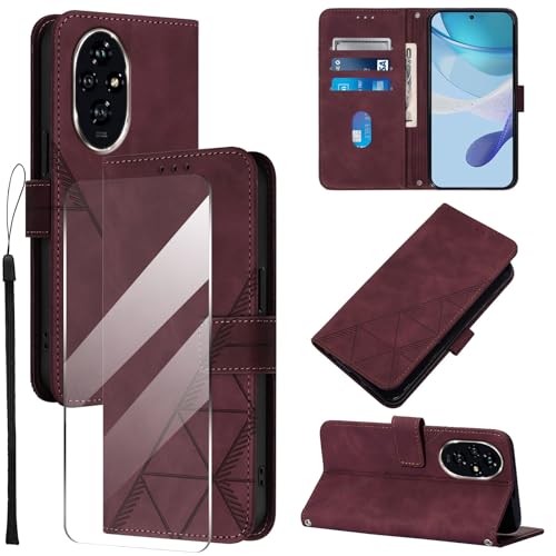Togestar für Honor 200 Pro Hülle Leder Klapphülle, [Panzerfolie] [Handschlaufe] [Magnetverschluss], Handyülle mit Standfunktion Kartenfächer TPU Schutzhülle für Honor 200 Pro, Burgund von Togestar
