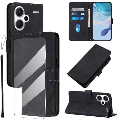 Togestar für Redmi Note 13 Pro + 5G Hülle Leder Klapphülle, [Panzerfolie] [Handschlaufe] [Magnetverschluss], Handyülle mit Standfunktion Kartenfächer TPU Schutzhülle, Schwarz von Togestar