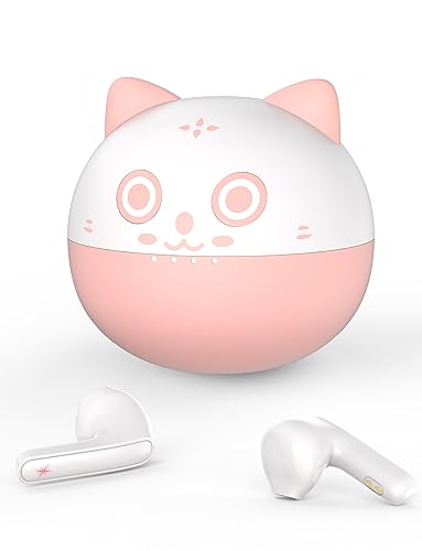 Togetface Pinke Ohrstöpsel, süße Kitty Cat Bluetooth 5.0 Ohrstöpsel mit Mikrofon, 32 Stunden Spielzeit, Touch Control In-Ear True Cordless Headphones, Leichter Premium Sound, Geschenk für Mädchen von Togetface