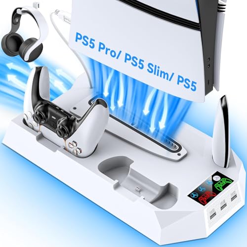 PS5/PS5 Slim Ständer mit 3 stufig PS5 Lüfter und extra 3 USB Anschlüsse, PS5 Slim/PS5 Standfuß mit PS5 Controller Ladestation & LED Anzeige, PS5 Halterung mit Headset Halter für PS5/PS5 Slim Zubehör von Tokluck