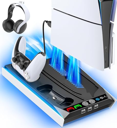 PS5 Ständer mit PS5/PS5 Slim Lüfter und Licht für Disc & Digital, PS5 Standfuß mit 3 stufige PS5 Kühler, PS5 Controller Ladestation mit 3 USB Anschlüsse für PS5 Slim Zubehör (Nicht für PS5 PRO) PS5 Ständer mit PS5/PS5 Slim Lüfter und Licht für Disc & Digital, PS5 Standfuß mit 3 stufige PS5 Kühler, PS5 Controller Ladestation mit 3 USB Anschlüsse für PS5 Slim Zubehör (Nicht für PS5 PRO) von Tokluck