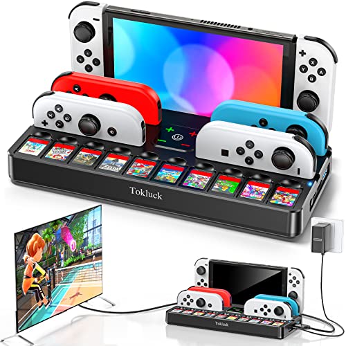 Switch TV Docking Station mit Joycon Ladestation, Switch OLED TV Dock Station mit 4K HDMI TV Netzteil, Ersatz Switch Dock mit Schnittstelle/Switch Controller Ladestation & 10 Spiele Aufbewahrung von Tokluck