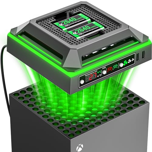 Tokluck Lüfter für Xbox Series X Konsole mit RGB Licht, Ladestation mit 2X 2640mWh Xbox Controller Akku für Xbox Series/One-X/S/Elite Controller, Xbox Series X Kühler mit 2 USB Ports für Xbox Zubehör von Tokluck