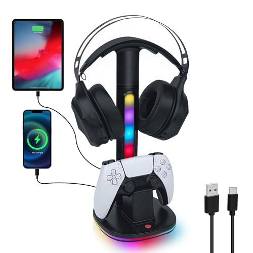 Tolesum Game Controller Halter/Headset Ständer mit Ladestation für PS5 DualSense Controller, Kopfhörer Halter Gaming Zubehör mit 2 USB Anschlüss für Playstation 5 DualSense Edge Controller Ladegeräts von Tolesum