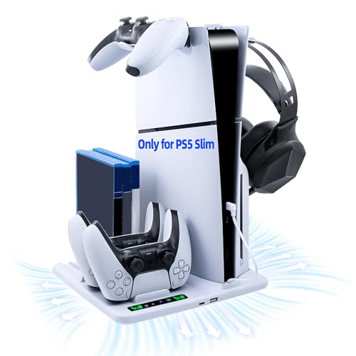 Tolesum Kühler für nur PS5 Slim Standfuß,Ständer mit 3 Stufen Lüfter für PS5 Slim Zubehör,Ladeständer für Dual Controller 6 Spiele Lagerung für PS5 Slim Disc/Digital Edition Nicht für PS5/ PS5 Pro von Tolesum