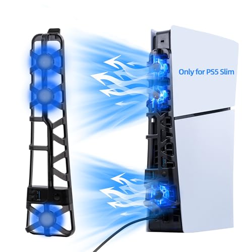 Tolesum Lüfter nur für PS5 Slim Konsole, Kühler mit Speicherfunktion, Kühlung mit 3 Windgeschwindigkeiten & USB 3.0 Port/LED Licht kompatibel mit Playstation5 Slim Digital Edition&UHD Zubehör（Schwarz） von Tolesum