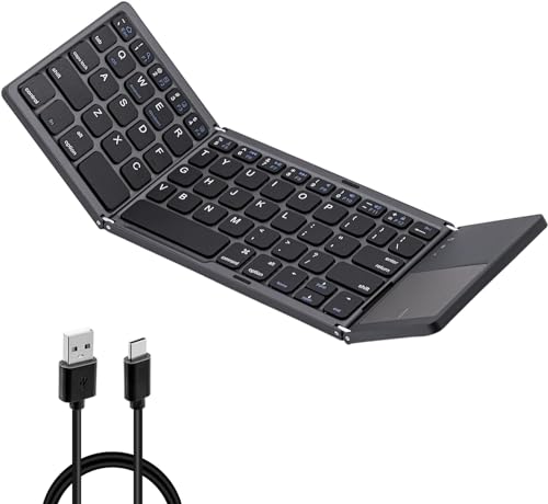 Tolesum Mini Bluetooth Tastatur, US Layout,Faltbare Bluetooth Tastatur mit Touchpad für Tablet/Handy/PC,Tastatur Kabellos Wiederaufladbar USB-C Tastatur für Windows iOS Android, Grau von Tolesum