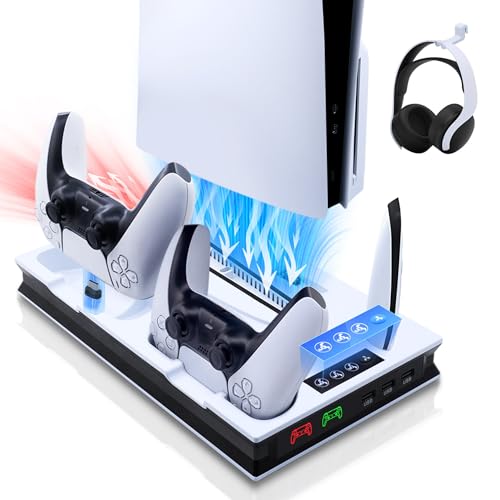 Tolesum PS5/PS5 Pro/PS5 Slim Standfuß mit 3 Stufen Lüfter, Ladeständer für Dual Controller mit 3 USB Hubs, Multifunktionale LED Ladestation mit Magnet für PS5/PS5 Pro/PS5 Slim UHD/Digital Edition von Tolesum