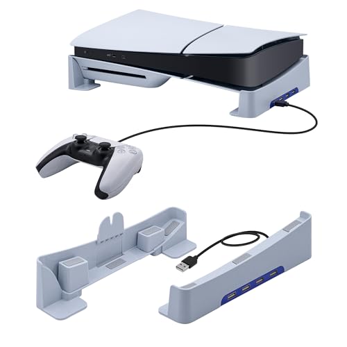 Tolesum PS5 Slim Horizontaler Ständer, Standfuß mit 4 USB 2.0 Data Port & Ladeanschluss Erweiterung, Basis Halterung Liegend für Playstation 5 Slim Disc&Digital Edition Zubehör von Tolesum