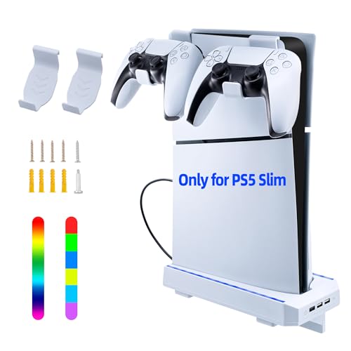 Tolesum RGB Wandhalterung für PS5 Slim Konsole,Tragkraft bis10 KG Wandhalterung Ständer mit Headset Halter & 3 USB Hubs für Controller Ladestation,Halterung Wand für Playstation 5 Slim Disc & Digital von Tolesum