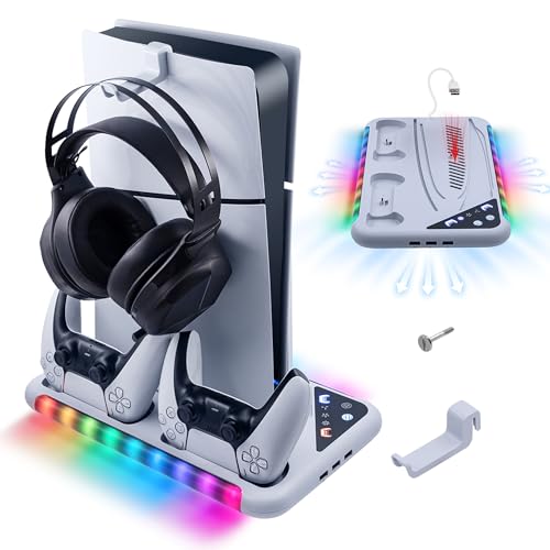 Tolesum Ständer mit Lüfter für PS5/PS5 Slim Konsole,LED Controller Ladestation für DualSense/Edge mit Headphone Halterun/3 Stufen Lüfter/RGB Licht,Standfuß Zubehör für PS5/PS5 Slim UHD&Digital-Weiß von Tolesum