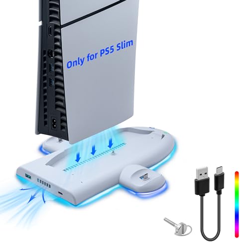 Tolesum Vertikale Kühler für PS5 Slim Standfuß, 3- Geschwindigkeit RGB-Effekt Kühlständer,Ständer mit Lüfter für PS5 Slim Zubehör,PS5 Slim Dual Controller Ladestation Dock mit Speicherfunktion von Tolesum