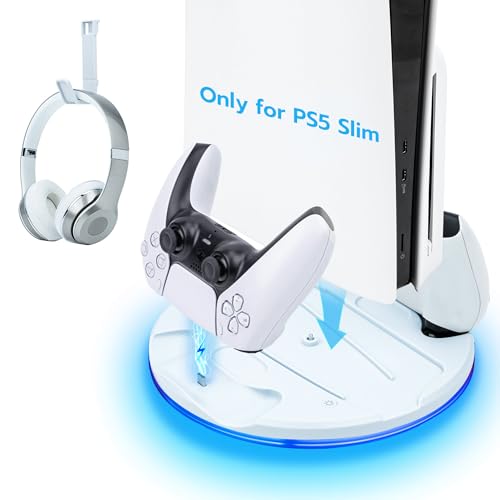 Tolesum Vertikale Standfuß nur für PS5 Slim, LED Base Station für PS5 Dual Controller Ladestation Dock mit Headset Halterung für PS5 Slim Disc and Digital Editions -Nicht für PS5/PS5 Pro von Tolesum