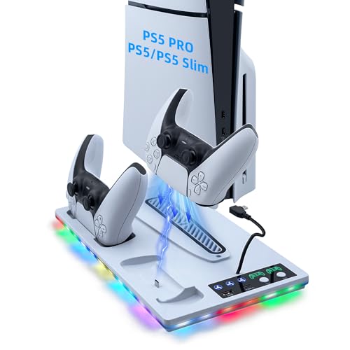 Tolesum Vertikale Standfuß mit Kühlung für PS5/Pro/Slim, Dual Controller Ladestation Ständer mit 3 Stufen Lüfter/RGB Licht für Playstation 5 UHD& Digital /PS5 Slim Disc & Digital von Tolesum