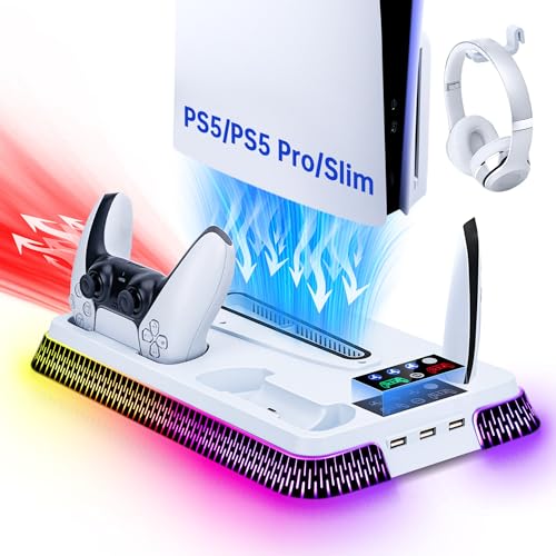Tolesum PS5 Standfuß mit Kühlung und Ladestation-Vertikaler Ständer mit 3 USB Hubs,Ladeständer für Dual Controller mit 3 Stufen Lüfter,RGB Licht Stand für PS5/PS5 Slim/PS5 PRO UHD/Digital Edition–Weiß von Tolesum