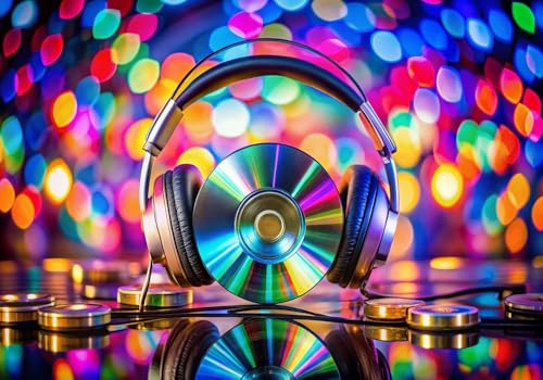 Hintergrund für Video-Musik, CD und DVD, bunte Bokeh-Disco-Lichter mit Kopfhörern und CD, Retro-Musik-Fotografie-Hintergrund für DJ-Party, Studio, Geburtstagsdekoration Hintergrund für Video-Musik, CD und DVD, bunte Bokeh-Disco-Lichter mit Kopfhörern und CD, Retro-Musik-Fotografie-Hintergrund für DJ-Party, Studio, Geburtstagsdekoration von TomTomy