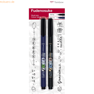 6 x Tombow Fasermaler Brush Pen Fudenosuke Härtegrade 1 + 2 schwarz VE von Tombow