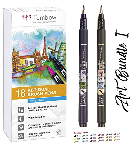 Tombow 18 Fasermaler (Primärfarben) Dual Brush Pen mit Zwei Spitzen + Fudenosuke Brush Pen hart + weich | Aquarellierbar, auf Wasserbasis, ungiftig, säurefrei und geruchlos von Tombow