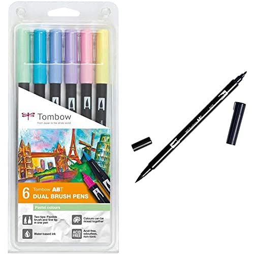 Tombow ABT-6P-2 Fasermaler Dual Brush Pen mit zwei Spitzen 6er Set, pastellfarben, bunt & ABT-N15 Fasermaler Dual Brush Pen mit zwei Spitzen, black von Tombow
