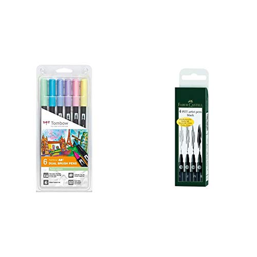 Tombow ABT-6P-2 Fasermaler Dual Brush Pen mit zwei Spitzen 6er Set, pastellfarben, bunt & Faber Castell Pitt Artist Pen Wallet Black Pack of 4 von Tombow