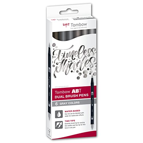 Tombow ABT Dual Brush Pen, Grey Colors, Stift mit zwei Spitzen, perfekt fürs Hand-Lettering und Bullet Journal, wasservermalbar, ABT-6C-6 6er Set von Tombow