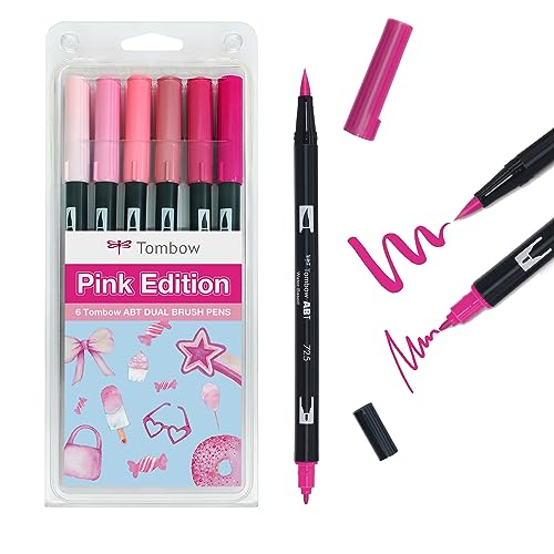 Tombow ABT Dual Brush Pen, Pink Edition, Stift mit zwei Spitzen, perfekt fürs Hand-Lettering und Bullet Journal, wasservermalbar, 6er Set von Tombow